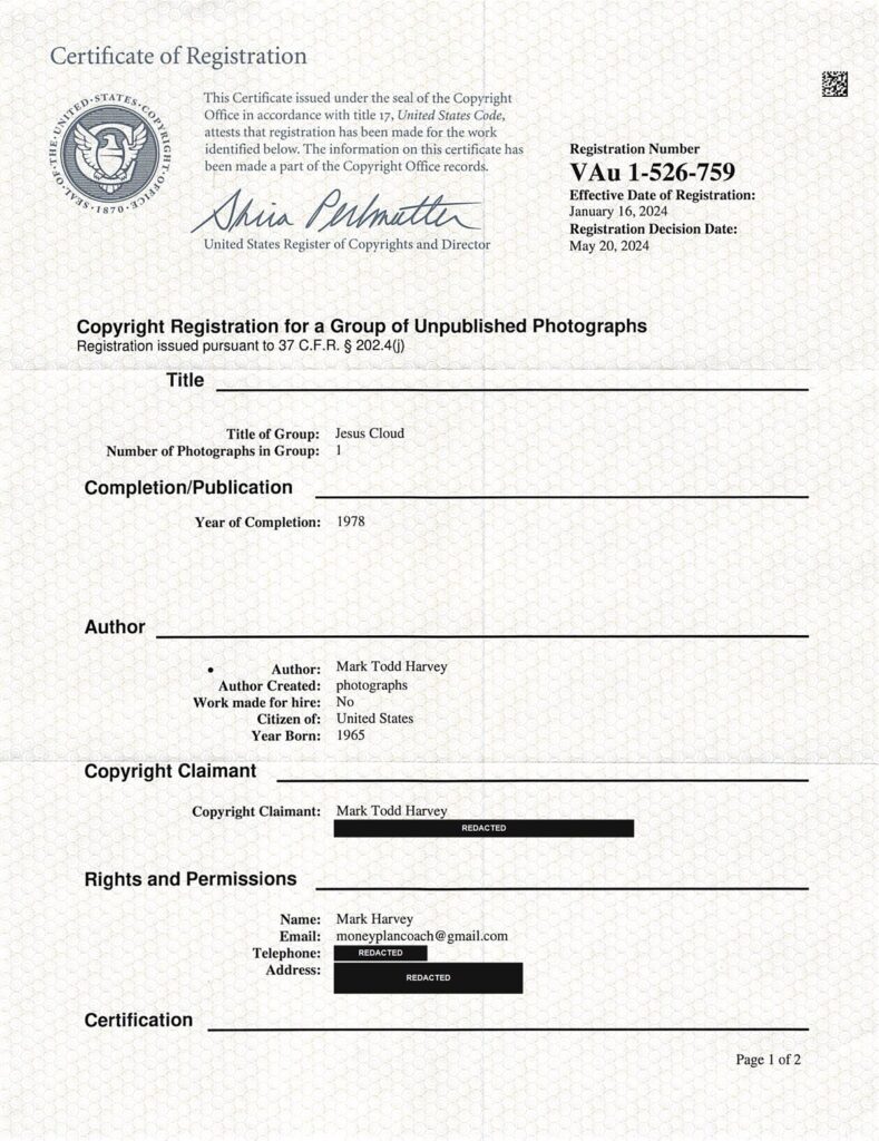 United States Copyright Office Certificate of Registration VAu 1-526-759, title of group Jesus Cloud, year of completion 1978.